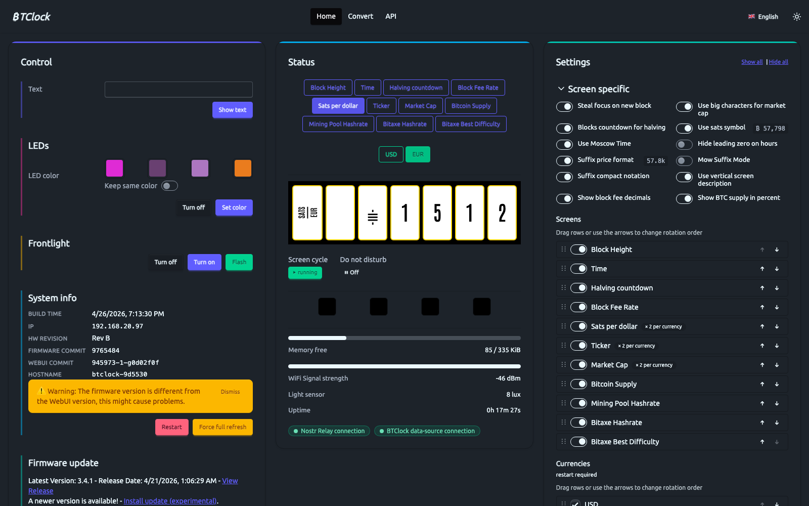 WebUI overview — three-column layout, dark theme